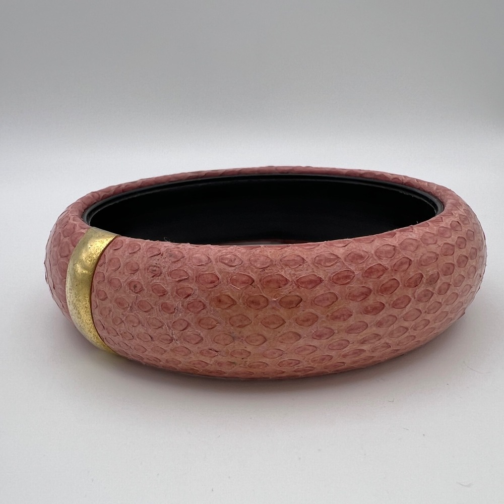 Vintage Pink Snakeskin Leather Bangle Bracelet Gold Tone Accent Chunky Statement